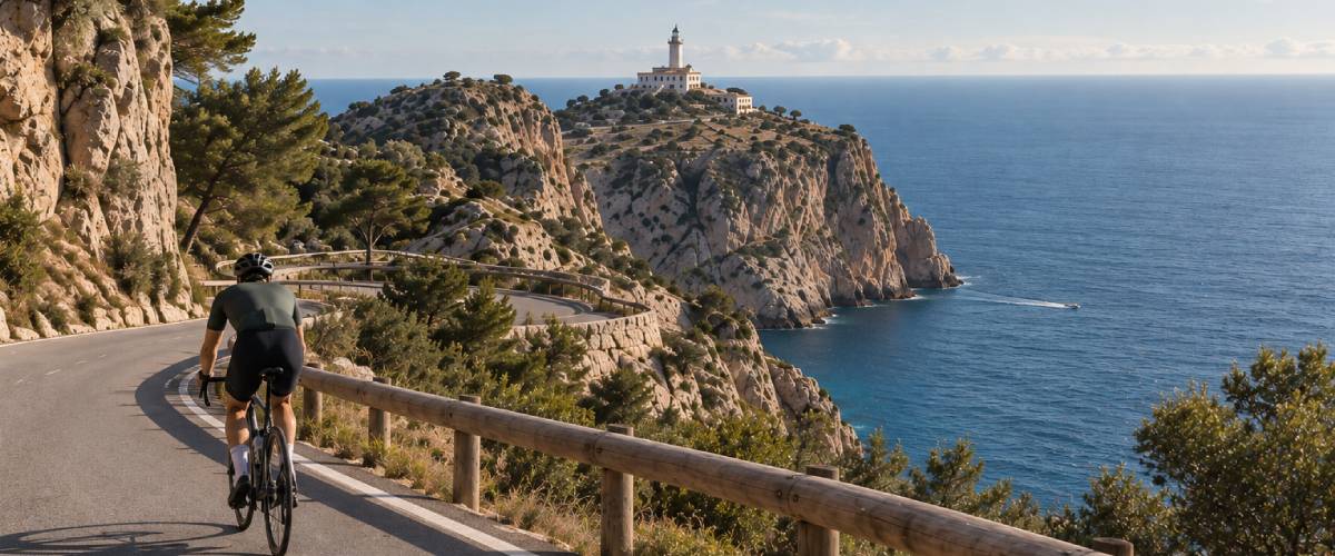 Ciclista recorriendo una carretera de montaña con vistas al mar en Mallorca