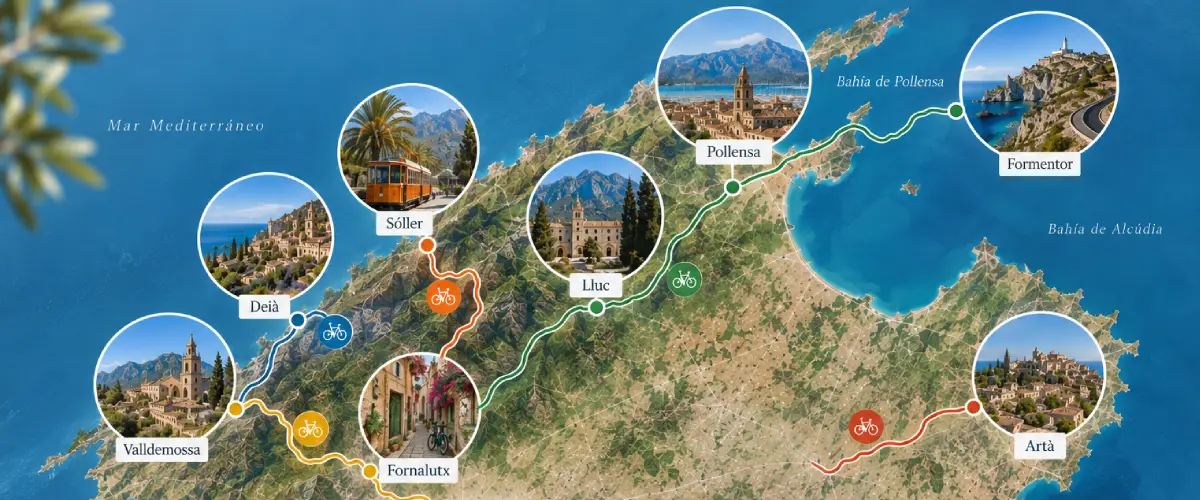 Mapa de los pueblos de Mallorca para descubrir en bicicleta